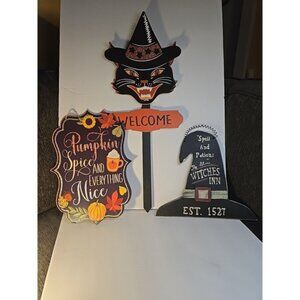 Lot of 3‎ Halloween Signs: Spooky Cat Yard Sign, Pumpkin Spice, & Witches Inn